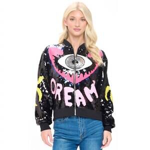 NEW WONA TRADING dreams screams letter multicolor eye sequin zip up bomber jacke